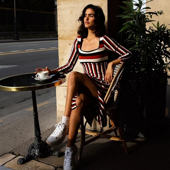 Anthro Maeve Striped Sweater Midi Dress black rust orange womens size medium - Picture 2 of 8